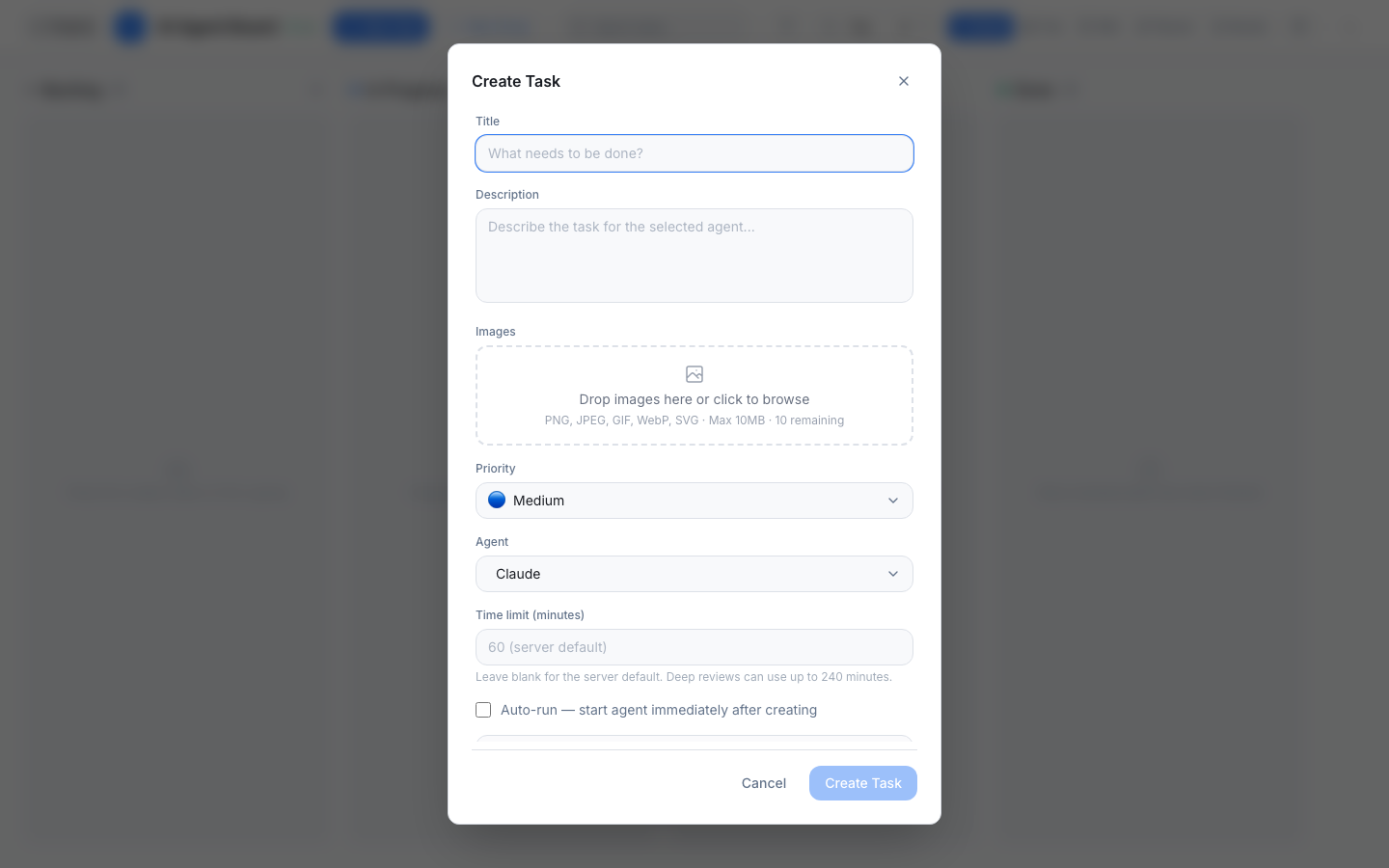 Hộp thoại Create Task với khối Images và ô Auto-run